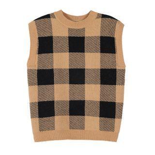 Plaid Knit Vest Plaid - Khaki & Black - One Size