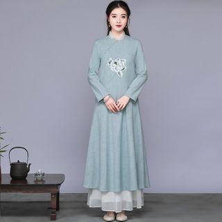 Flower Print Long-sleeve Cheongsam / Wide-leg Pants