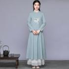 Flower Print Long-sleeve Cheongsam / Wide-leg Pants