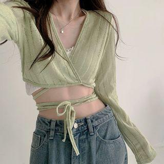 Long Sleeve V-neck Tie-waist Crop Light Cardigan