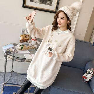 Deer Embroidered Fleece Pullover Dress