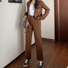 Peak Collar Embroidered Blazer / High-waist Buttoned Pants