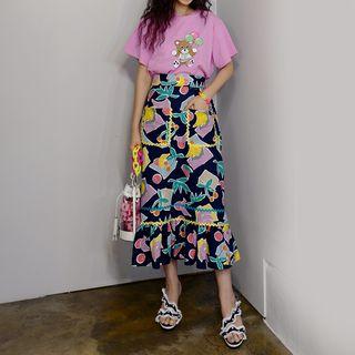 Fruit Print A-line Midi Skirt
