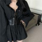 Long-sleeve Cold Shoulder Blouse / Lace Up Belt