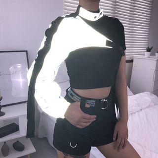 Long-sleeve One-shoulder Reflective Crop Top