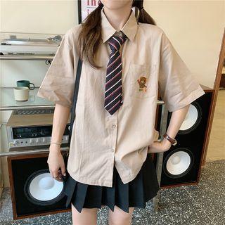 Set: Short-sleeve Bear Embroidered Shirt + Striped Tie
