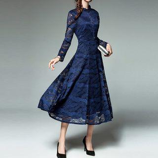 Long-sleeve Lace-panel A-line Midi Dress