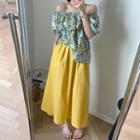 Off-shoulder Floral Printed Top + Plaid Midi Skirt