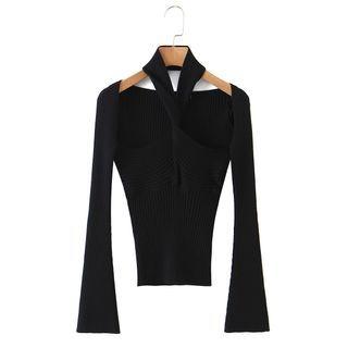 Bell-sleeve Halter Neck Ribbed Knit Top
