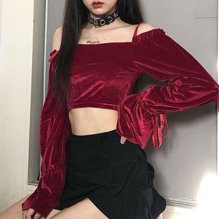 Long-sleeve Cold Shoulder Velvet Crop Top