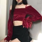Long-sleeve Cold Shoulder Velvet Crop Top