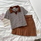 Short-sleeve Lace-up Striped Polo Shirt / Belted Mini Skirt