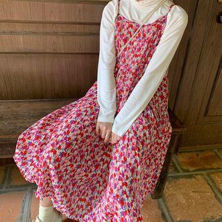 Oversize Plain Sweater / Mock-neck Plain T-shirt / Spaghetti-strap Floral Dress