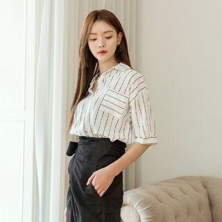Drop-shoulder Elbow-sleeve Stripe Shirt