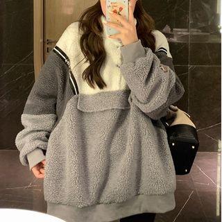 Color Block Stand-collar Fleece Sweatshirt Dark Gray - One Size