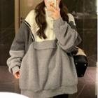 Color Block Stand-collar Fleece Sweatshirt Dark Gray - One Size