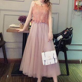 Set: Lace Camisole Top + Midi Mesh Skirt