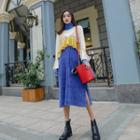 Set: Long-sleeve Turtleneck Knit Top + Sleeveless Color Block Midi Knit Dress