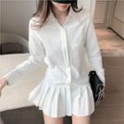 Long-sleeve Pleated Mini Dress White - One Size