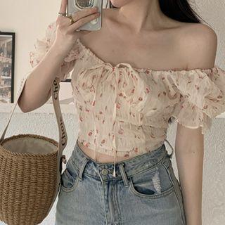 Off Shoulder Floral Crinkle Crop Blouse Off-white - One Size