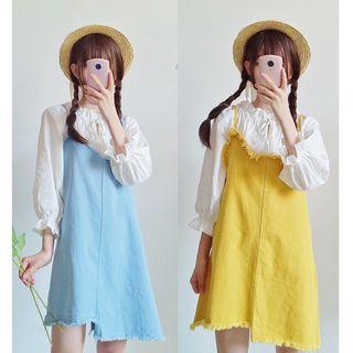 Set : Spaghetti Strap Denim Dress + Long-sleeve Blouse