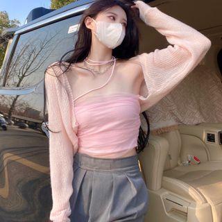 Asymmetrical Mesh Camisole Top / Crop Cardigan