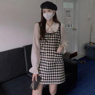 Bell-sleeve Mock Two-piece Argyle Mini A-line Dress