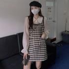 Bell-sleeve Mock Two-piece Argyle Mini A-line Dress