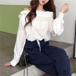 Off-shoulder Frill-trim Top Ivory - One Size