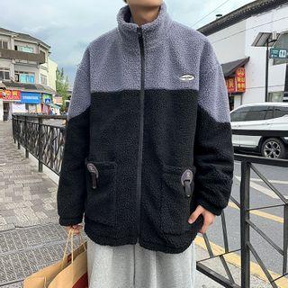Color Block Patch Faux Fur Zipped Jacket