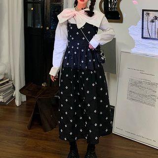 Long-sleeve Top / Spaghetti Strap Patterned Midi Dress