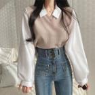 Mock Two-piece Collared Knit Panel Blouse