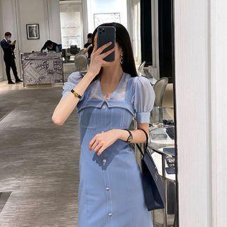 Puff-sleeve Blouse / Rhinestone Mini Pinafore Dress