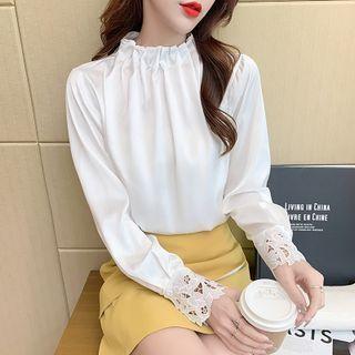 Long-sleeve Mock Neck Plain Blouse