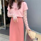 Print Loose-fit Short-sleeve T-shirt / Floral Long-sleeve Top / High-waist Skirt