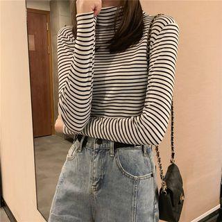 Mock-turtleneck Striped Long-sleeve Knit Top