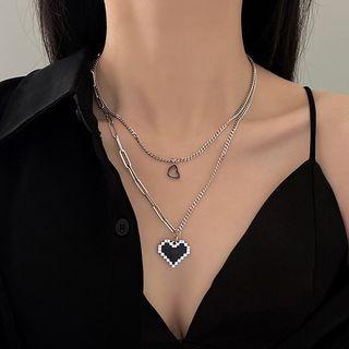 Heart Mosaic Layered Necklace Silver - One Size