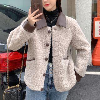 Pu Leather Color Block Panel Lambswool Jacket