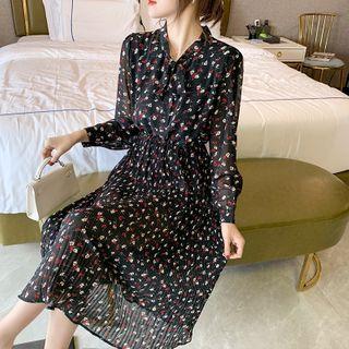 Long Sleeve Floral Print Lace-up Chiffon Dress