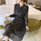 Long Sleeve Floral Print Lace-up Chiffon Dress
