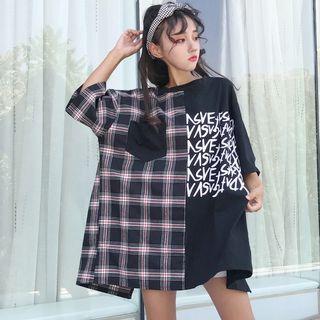 3/4 Sleeve Plaid Panel Lettering T-shirt Dress