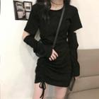 Long-sleeve Cutout Drawstring Mini Bodycon Dress Black - One Size