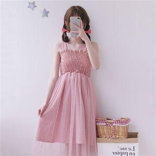 Wide Strap Plaid Mesh Overlay A-line Dress