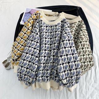 Color-block Plaid Crewneck Long-sleeve Sweater