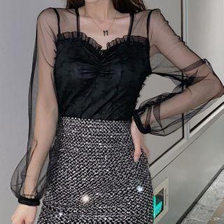 Long-sleeve Mesh Panel Blouse Black - One Size