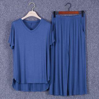 Set: V-neck Dip-back Short-sleeve Top + Long Pants / Cropped Pants