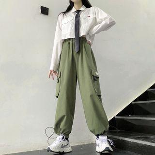 Cropped Shirt / Drawstring-cuff Wide-leg Cargo Pants / Set