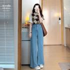 Elbow-sleeve Argyle Polo Shirt / High Waist Wide Leg Jeans