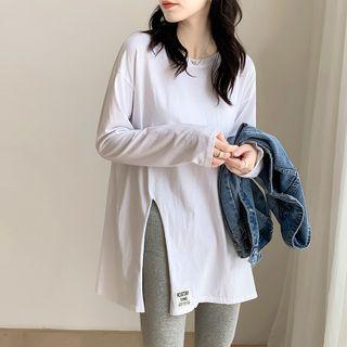 Long-sleeve Applique Side-slit T-shirt