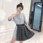 Elbow-sleeve Lettering T-shirt/ Cut Out Plaid Pleated Skirt With Belt